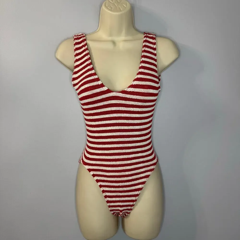 Bond Eye Mara One Piece Swimsuit Red Rooibos Striped  Stretch O/S New